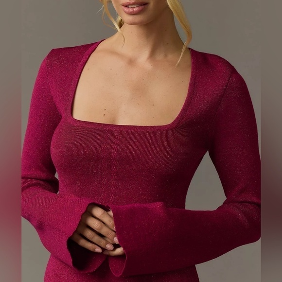 Maeve by Anthropologie NWOT Square Neck Bell Sleeve Sweater Raspberry Sparkle M - Picture 1 of 11